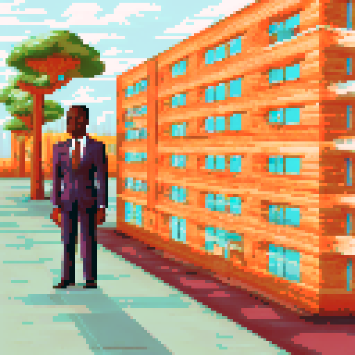 An african wholesale building with a big empty front facing shelf that could fit 14 boxes of items sized 48x48 pixels on a phone, in the background a man in a suit 