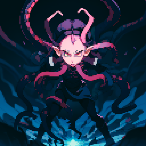 eldritch being, tentacles writhing, full body floating, brain pulsating, many eyes staring, eyeballs bulging, no humans, monsyer, sRGB pixel art