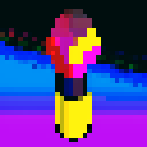 Paintbrush with colorful paint at the tip, bold black outline, vibrant and saturated colors, smooth and crisp edges, minimalistic design, 32x32 pixel art, sRGB color space