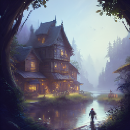 Rustic and whimsical 

        "A charming village nestled amidst lush greenery, with quaint cottages perched alongside a winding stream and towering trees providing shade and shelter."