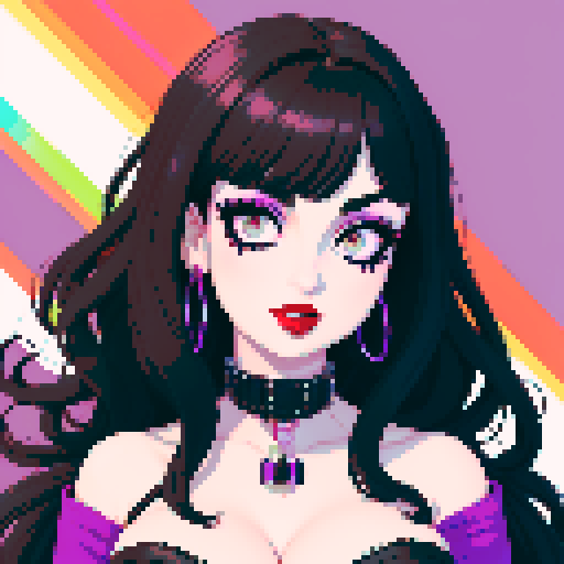 curvy, cute busty goth woman's face, whole head portrait, black hair, purple eyeshadow, red lipstick, low cut black  halter top, studded collar, vibrant sRGB colors, 