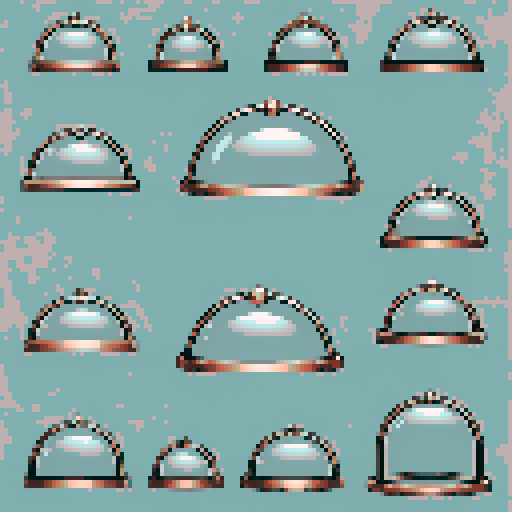 I want a rounded transparent glass half-dome with copper trim and copper rivets around the bottom edge. I want this object usable an asset in a videogame, meaning only one object per image, outlined with a strong black stroke.