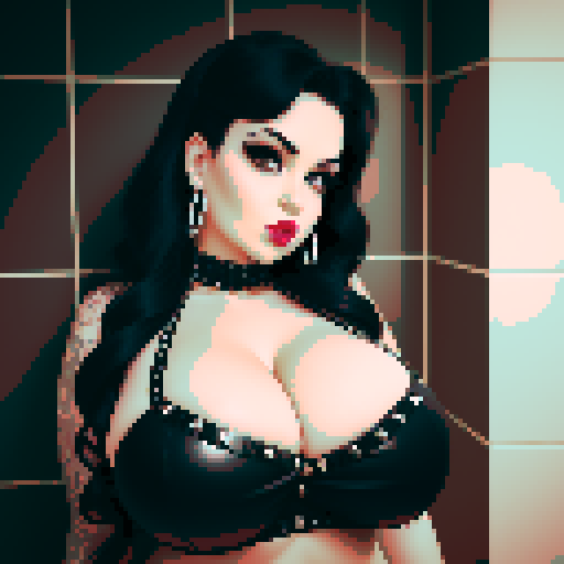 curvy, busty goth babe with studded collar. big titty goth, in a close up glamour shot. Wearing Halter top. modern tile backsplash.
