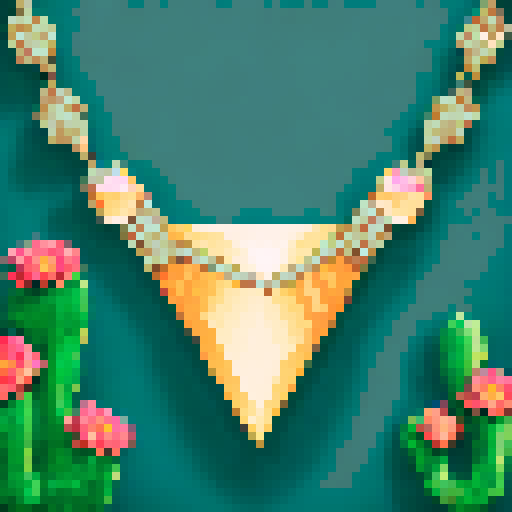 A glimmering diamond necklace draped over a blooming cactus, with prickly needles and vibrant flowers in the background, all rendered in a detailed, retro pixel art style using the sRGB color space