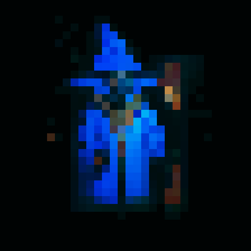 wizard with blue robes, blue wizard hat, brown staff, golden necklace with sun pendant, flat white background for the background of the image that is not the character