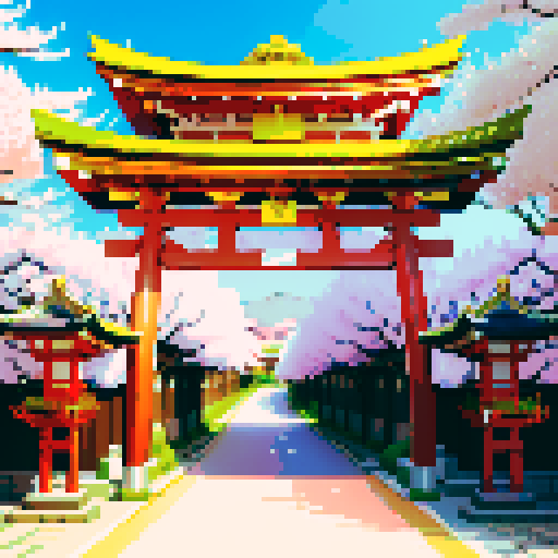 shiny silver shinto shrine, vibrant cherry blossom trees, traditional architecture with intricate details, shinto torii gate adorned with shiny silver decorations, a pixel art shiny silver box positioned behind the gate, shiny silver lanterns illuminating the scene in sRGB colors