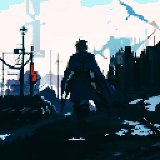 Final fantasy tactics detail soldier walking towards war torn city with a panzer faust on his back and a rifle in his hand. A Squad Mate of his is looking towards him in background, he has a cape on and a hood. City has snow on it. Colorful but not to bright of colors. 