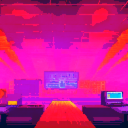 night club, DJ booth, pixel art, sRGB, big room, crowded foreground, platform along bottom, dark dramatic lighting, club lighting, background landscape
