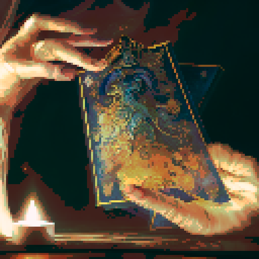A close-up of a woman's hands over a table during a tarot card reading in a medieval dark style. The table is adorned with elements of the ocean such as sea shells, sand, and small pieces of coral. The atmosphere is mystical and dimly lit, with candlelight casting shadows that enhance the eerie and magical mood. The woman's hands are gracefully poised over the cards, which also have oceanic designs like waves and mermaids.