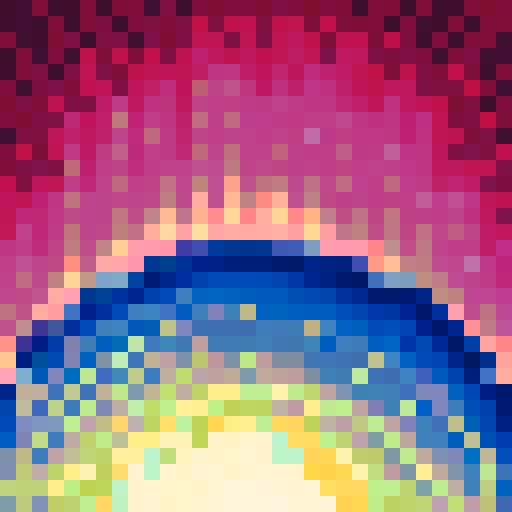 Vibrant orange and pink hues melting into the horizon, silhouettes of palm trees against a pixelated sky, a serene beach scene enveloped in the sRGB color space