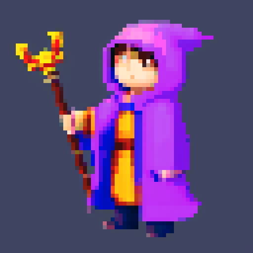 wizard in cloak and hood, staff with precious stone tip, pixel art, sRGB
