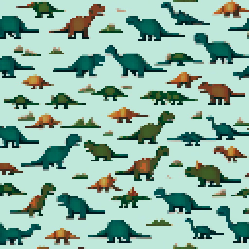a collection of various dinosaur sprites tessellated into each other modern cross stitch style muted natural tones 