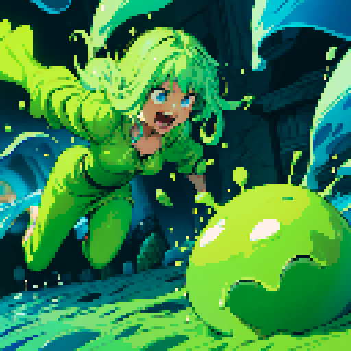 slime surging up around someone, slime engulfing a hero, slime consuming a hero, hero getting engulfed by slime, slime attack, dynamic, slime slamming into someone, impact, splashing slime, full-body image, full-body art, hero's hair and clothing color vary