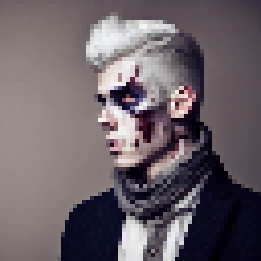 clear, full face, white hair, evil grin, bloody scratch, youthful boy, cold, suit, glowing eyes, retro, soft, straight hair