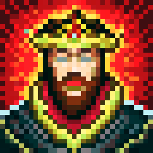 king, regal, crown, majestic, stoic expression, sharp features, detailed beard, gold accents, royal robe, intricate embroidery, game icon, 32x32 pixel art, sRGB, skill art, close up, portrait