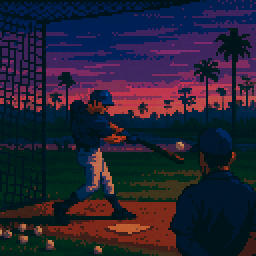 Pixel art of a player taking swings on a practice field.  There is a coach watching him. The field beyond is the Florida swamps that are just near spring training. Cool dusk lighting—purples and dusty blues in the sky. Subtle motion blur on the bat or ball for energy.