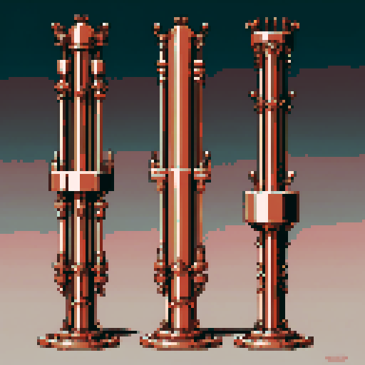 I want a tall vertical copper structure reminiscent of a organ pipe. It should have strange mechanical details that could interlock with each other. I also want this object usable an asset in a videogame, meaning only one object per image, outlined with a strong black stroke, on a solid-color background.