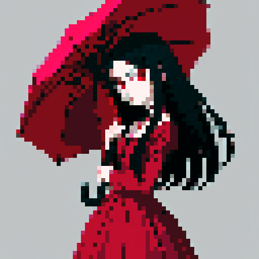 vampire girl with long black hair, pink eyes, dark red dress, umbrella, anime style