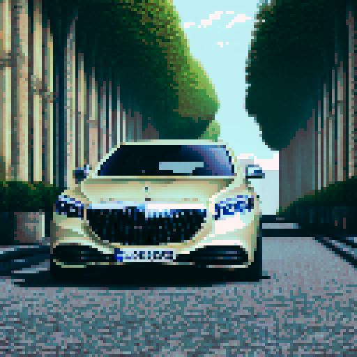 Photorealistic whole Mercedes-Benz Maybach, three-quarter view, right front wheel, clean background, sRGB colors, pixel art style
