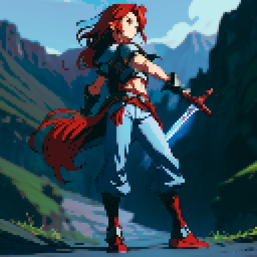 Sprite of a JRPG character with red hair, silver armor, blue pants and black shoes, holding a sword.