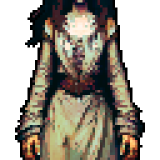 Generate a detailed pixel art character of Mabel Wakefield, a 19-year-old woman with a profound backstory of resilience and transformation. Mabel has emerged from a year-long imprisonment in the Alderwood Dungeon, visually transformed by her ordeal. Her appearance should reflect a juxtaposition of despair and determination: long, unkempt brown hair, a once-simple dress now tattered and stained, evolving into attire that symbolizes her growth into a resilient warrior.