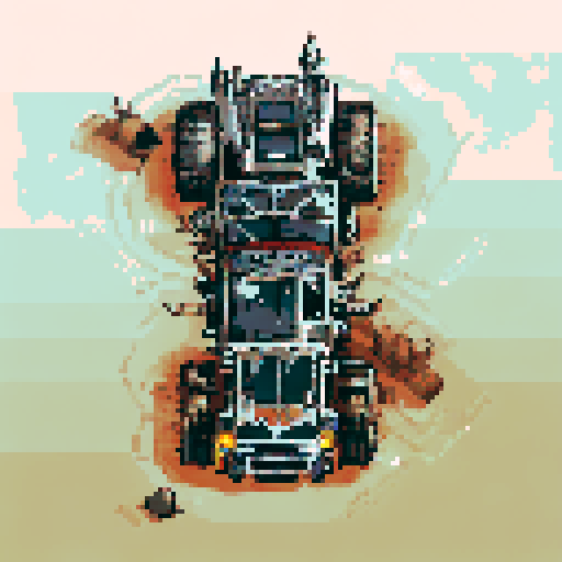 an overhead view of a pixel art vehicle in the style of mad max