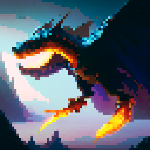 Fiery dragon with shimmering scales, wings spread wide as it soars through a cloudy sky, spewing flames from its monstrous jaws with a backdrop of a mystical kingdom in a fantasy RPG style
