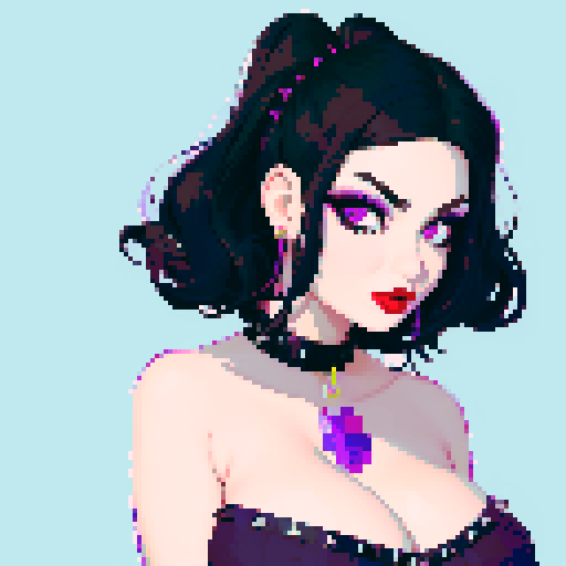 curvy, cute busty goth woman's face, whole head portrait, black hair, purple eyeshadow, red lipstick, low cut black  halter top, studded collar, vibrant sRGB colors, 