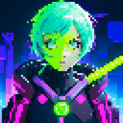 futuristic cyberpunk girl, green neon-sword, ready for attack, vibrant colors, glowing outlines, pixelated details, sRGB color space