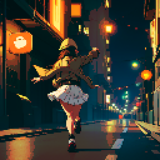 Night city street light background, young girl, brown jacket, beige hat, running, turn back, view from the back