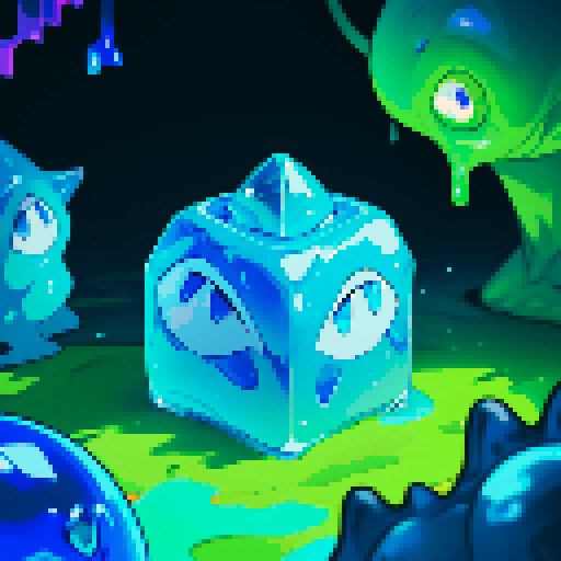 Blue Slime cube, Gelatinous cube, wearing crown, giant Slime, boss fight