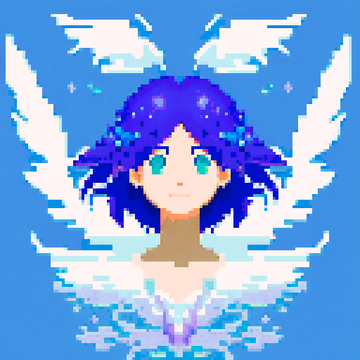 
Beautiful, ethereal angel with shimmering wings and flowing, liquid-like chrome body, rendered in minimalist pixel art with vibrant, dazzling sRGB colors