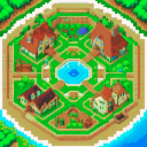 "Create an intricate pixel art map for a top-down 2D RPG, depicting the layout of Verdant Vale, the starting area of the game 'Chronicles of the Arcane Grid'. The map should feature a quaint fantasy village surrounded by lush green forests, with a clear, winding path leading through it. Include distinct areas such as a village square with market stalls, a mystic's cottage on the outskirts, and a central training ground. The map should show details like trees, houses, a fountain, and small fields