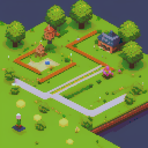 JRPG style town with buildings, road, grass and paved walking paths