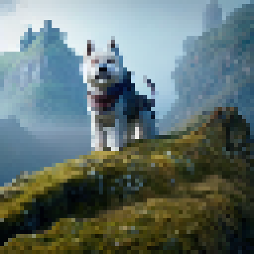 Westie dog, wielding a magical sword, stands atop a mossy cliff overlooking a sprawling kingdom, with a dragon circling in the distance and a castle shrouded in mist below.
