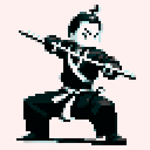black and white samurai, sword in hands, attack pose, pixel art, sRGB