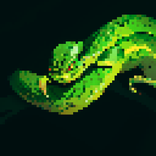 Green pit viper, night time, dark background