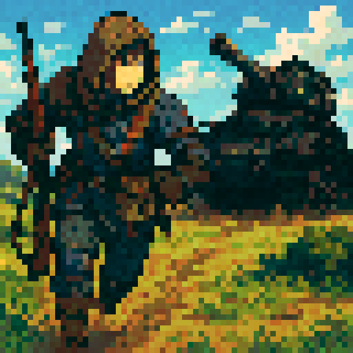 Valkyria Chronicles Nameless Scout, male, hooded, dieselpunk black tank, dynamic detailed vibrant heroic, sRGB pixel art calm