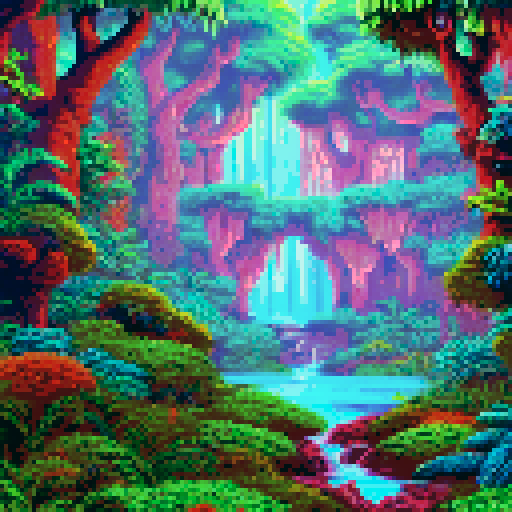 Deep inside jungle, towering ancient trees, lush ferns, vibrant flowers, misty atmosphere, mysterious shadows, sunlight filtering through dense foliage, exotic wildlife, colorful parrots, slithering snakes, hidden waterfalls, serene river, moss-covered rocks, pixelated leaves, sRGB color palette, pixel art style, detailed background, immersive landscape