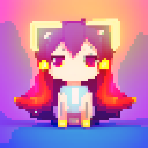 Pixelated anime girl with fluffy cat ears, surrounded by neon lights and vibrant colors, striking a playful pose with a mischievous glint in her eyes