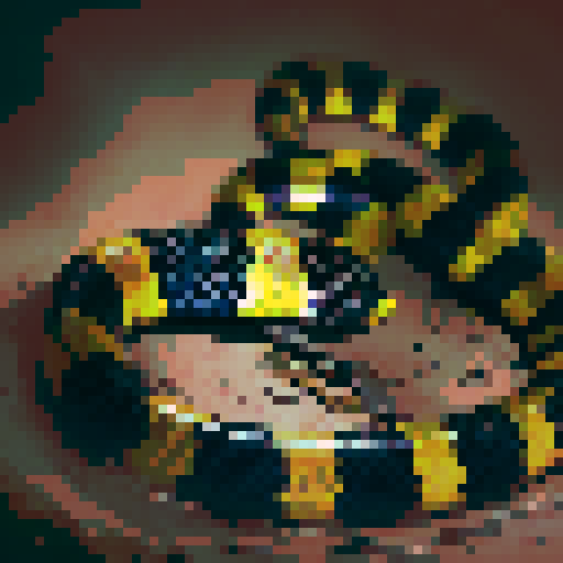 Banded krait snake, night time, dark background