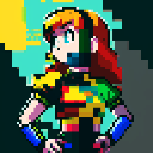 8-bit style portrait with vibrant, retro colors, showcasing a pixelated character in a dynamic pose against a black background, reminiscent of classic video games