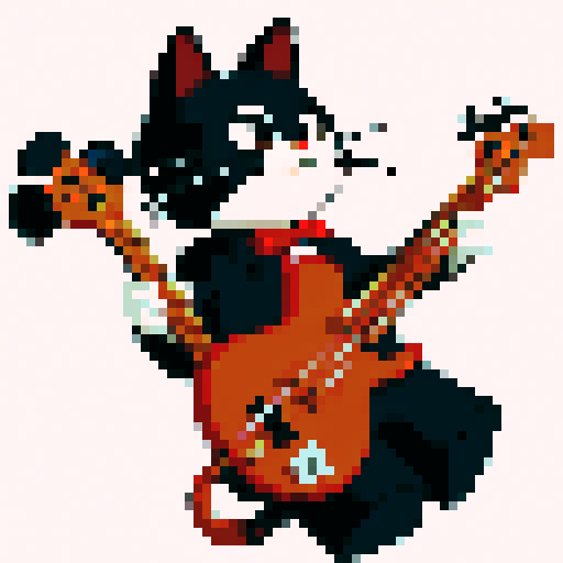cat playing bass, meme style, pixel art, sRGB