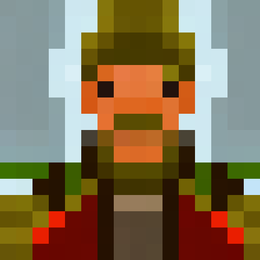 Green and brown pixelated archer, in a close-up portrait, with a game icon style, showcasing their bow and arrow.