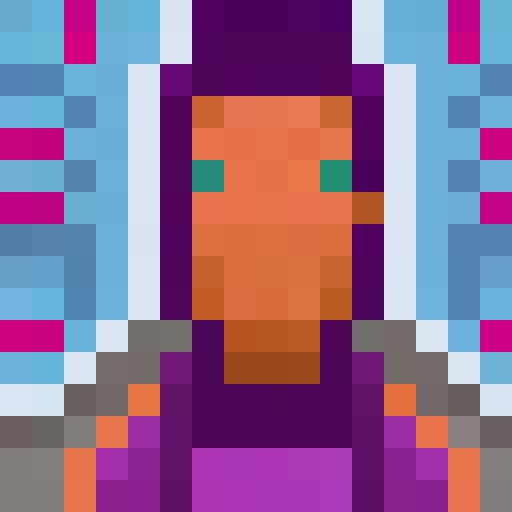 Pixel art close-up portrait of a purple-robed figure with intricate embroidery, holding a glowing crystal ball, against a game icon backdrop of a mystical forest with vibrant flora and fauna.