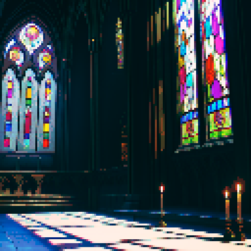 Gothic cathedral interior, towering stained glass windows, flickering candlelight, ornate stone arches, intricate stone carvings, ethereal sunlight streaming through, dramatic shadows, pixelated details, vibrant sRGB color palette