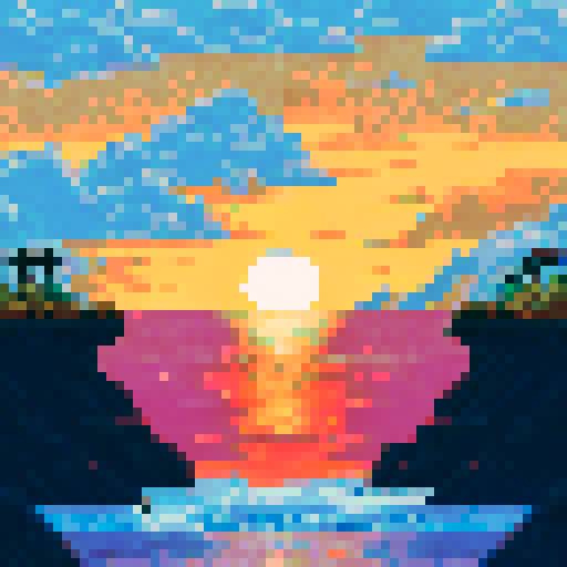 sunrise, calm ocean, horizon, rock columns, palm trees, clouds, pixel art, sRGB, beach, background, landscape