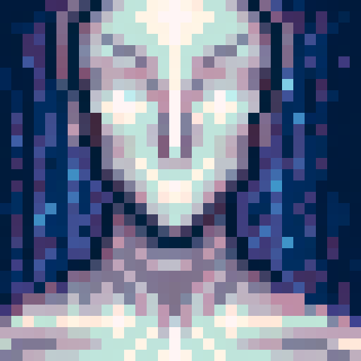 Ghost avatar, ethereal blue glow, transparent overlay, floating above pixelated background, pixel art style, intricate detailing, wisps of ectoplasm, haunting eyes, enigmatic smile, sRGB color palette, skill icon, close-up view, 32x32 resolution, portrait orientation