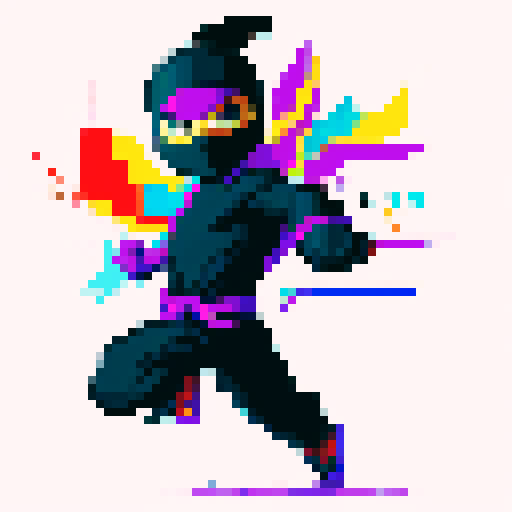 ninja jumping, vibrant colors, sharp edges, dynamic movement, 8-bit, low resolution, pixelated, contrasted shadows, intense action, bold outlines, limited color palette, retro video game style, high saturation, energetic poses, fast-paced, exaggerated motion, fluid animations