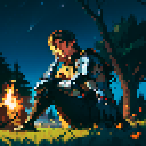 Male knight in full armor resting under a tree at night only lit by the nearby campfire 